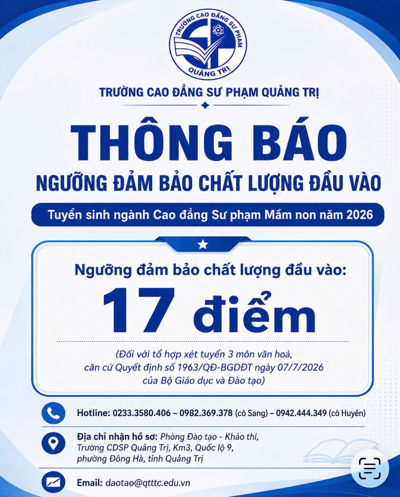 Thông báo ngưỡng đảm bảo chất lượng đầu vào tuyển sinh ngành Cao đẳng Sư phạm Mầm non năm 2026